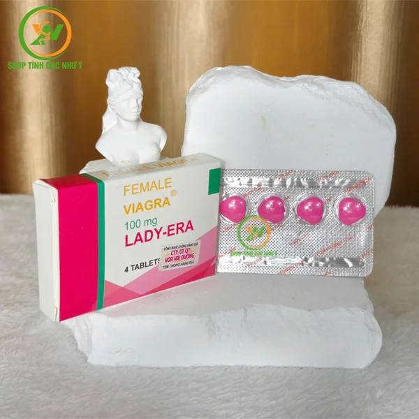 Thuốc kích dục nữ dạng viên Lady-Era chính hãng trưng bày trên bệ trắng.