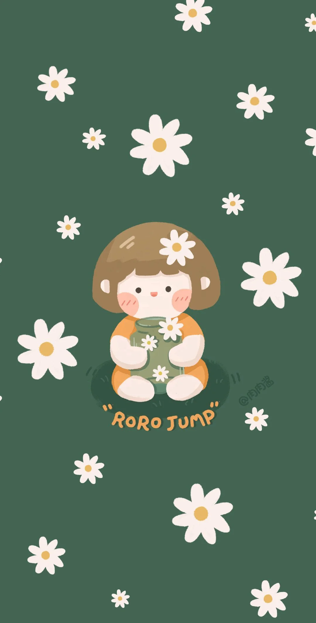 Hình nền cute màu xanh lá với chú nấm đáng yêu và hoa cúc trắng rải rác