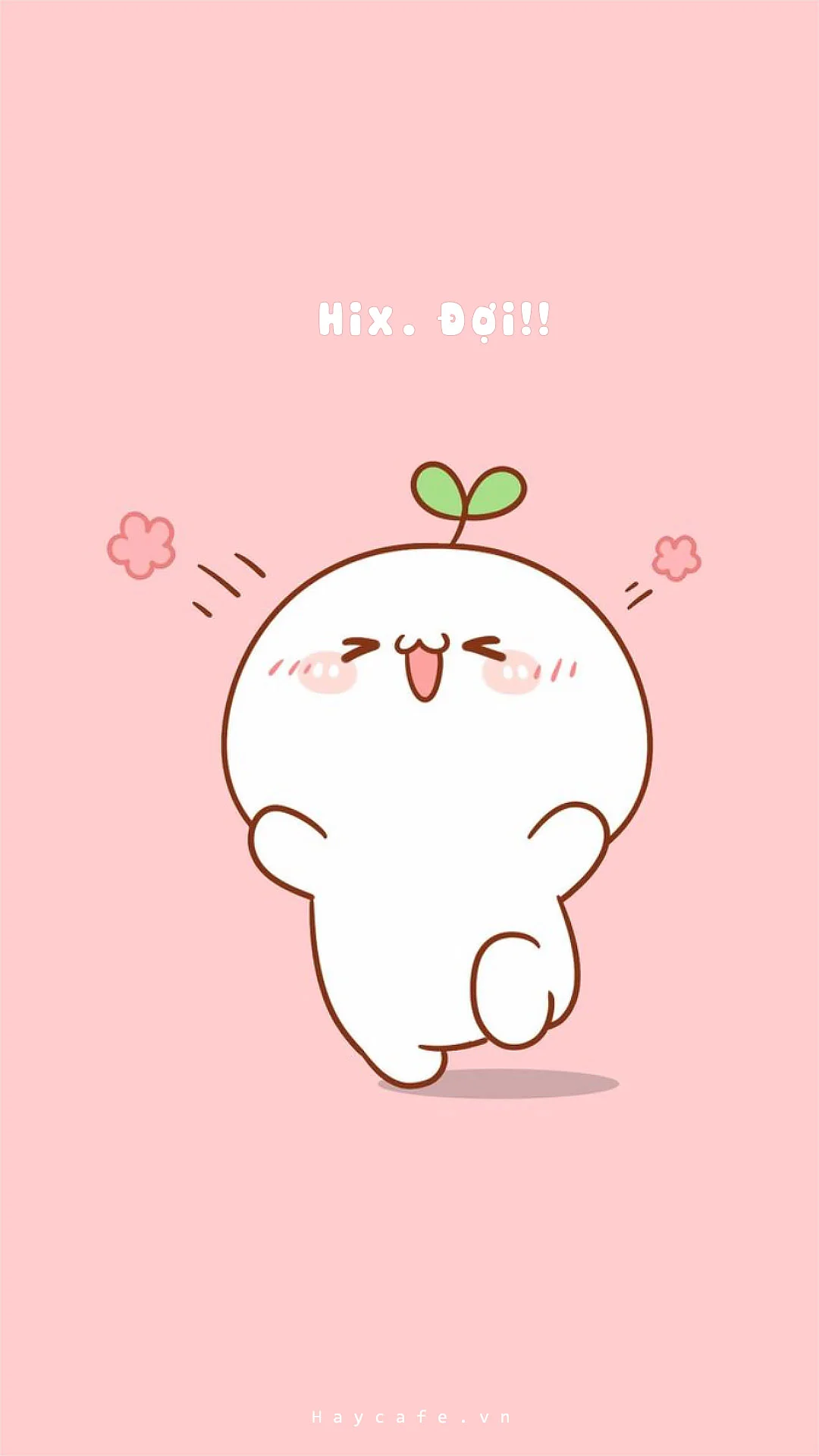 Hình nền cute màu hồng với chú thỏ trắng nhắm mắt cười và dòng chữ Hi Doii