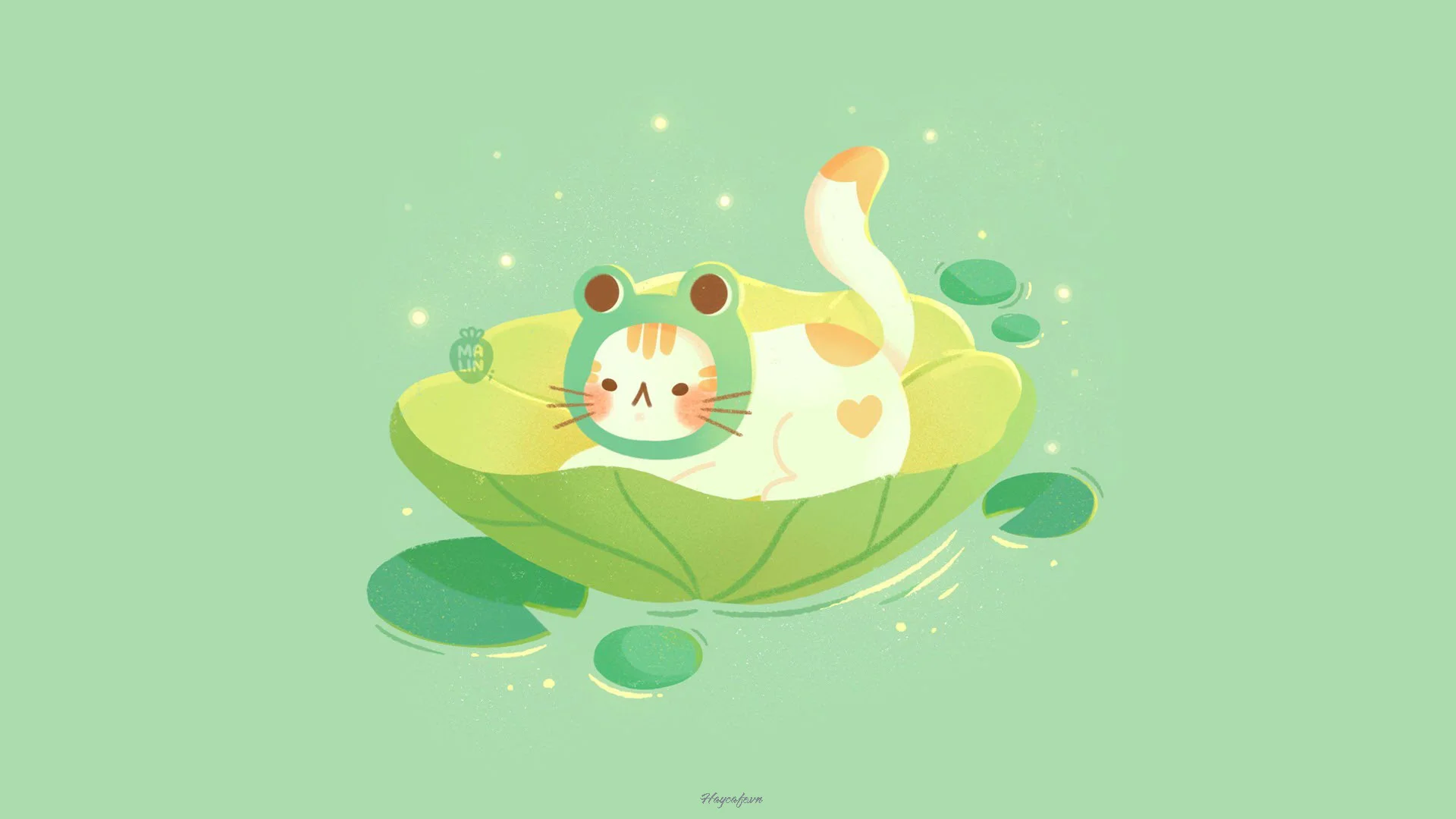 Hình nền cute mèo đội mũ ếch xanh nằm trên lá sen, phong cách pastel dễ thương cho điện thoại và máy tính
