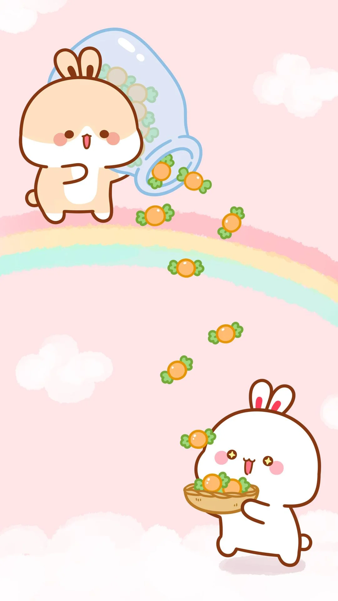 Hình nền cute với hai chú thỏ cartoon dễ thương đang đổ và hứng kẹo cam, nền hồng pastel có mây trắng và cầu vồng nhẹ, phù hợp làm hình nền điện thoại cute