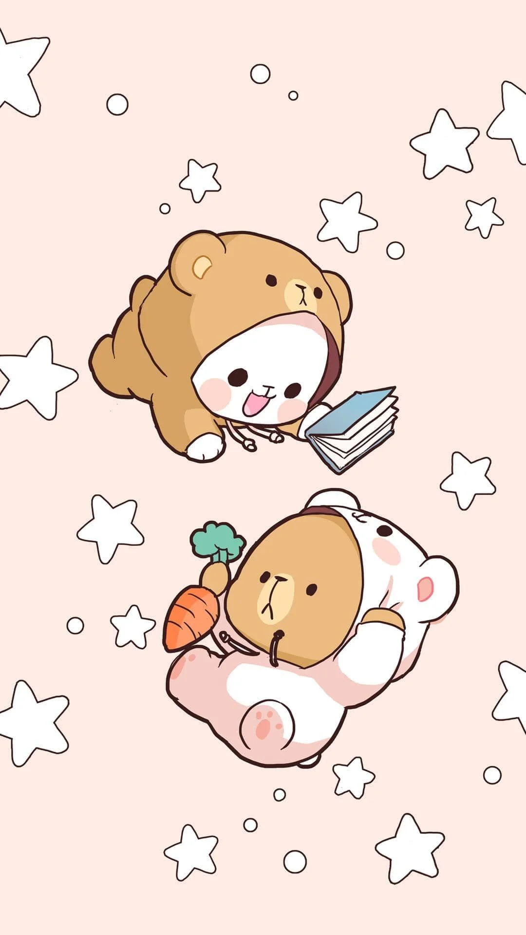 Hình nền cute màu be với chú sư tử đội mũ sừng và chó con giữa các ngôi sao