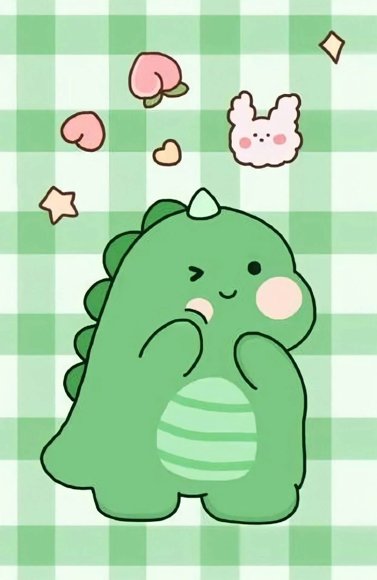 Hình nền cute khủng long xanh mint dễ thương nháy mắt với thỏ hồng và trái tim trên nền kẻ caro pastel