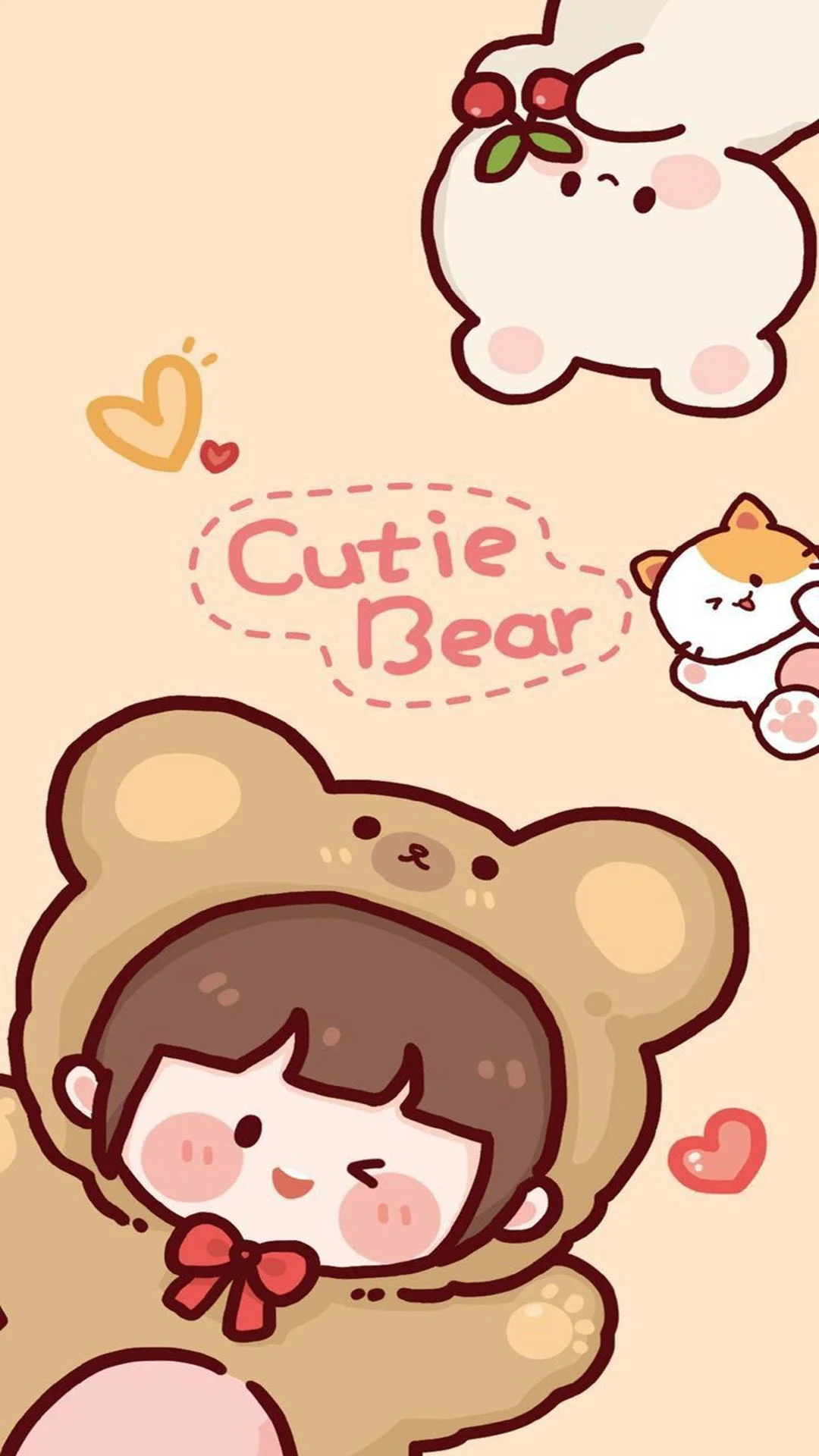Hình nền cute màu kem với cô gái mặc đồ gấu và dòng chữ Cutie Bear