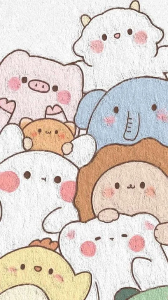 Hình nền cute đàn thú bông pastel gồm thỏ gấu và mèo xếp lớp