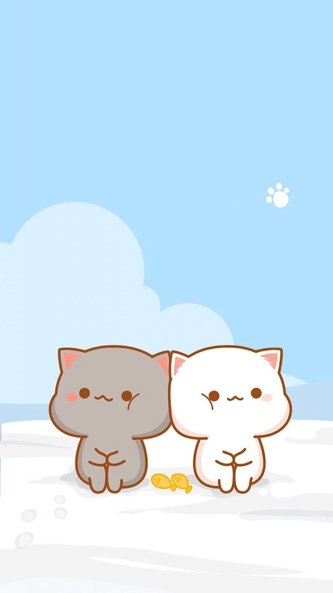 Hình nền cute bầu trời xanh với chú mèo xám và mèo trắng ngồi cạnh nhau
