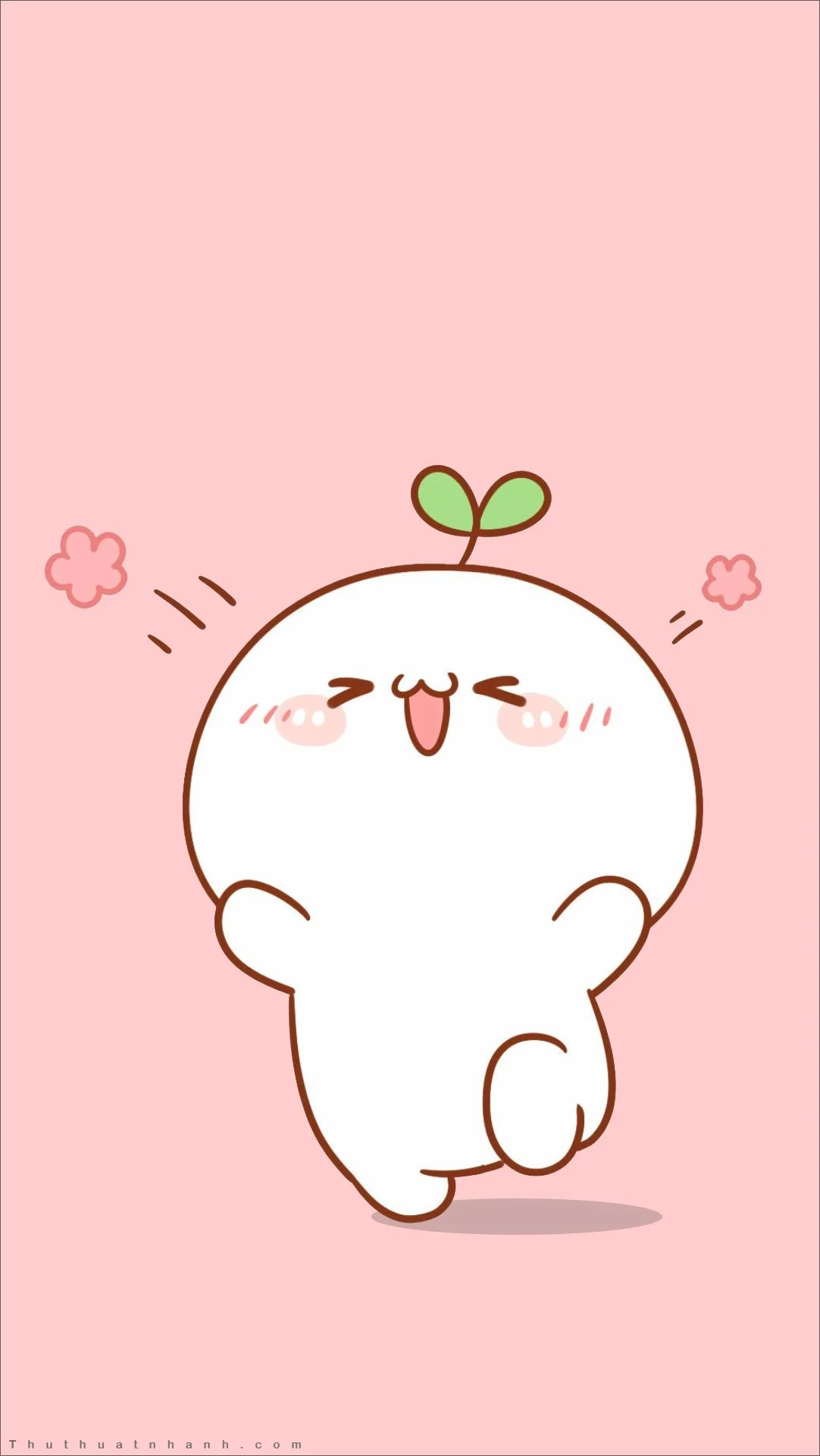 Hình nền cute màu hồng với chú thỏ trắng mầm non trên đầu nhảy múa