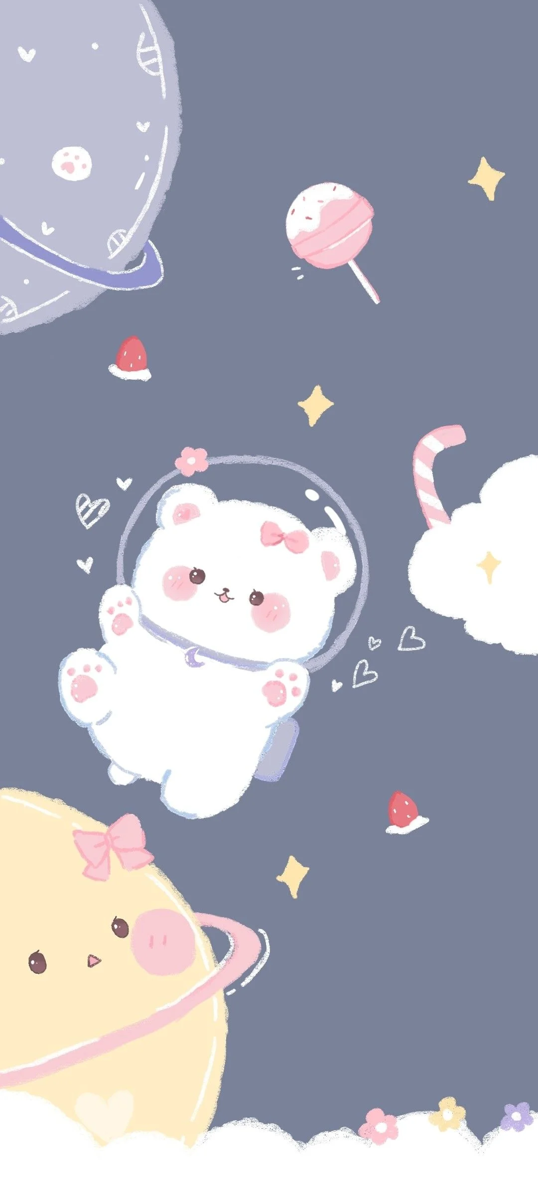 Hình nền cute với chú gấu trắng đội mũ phi hành gia nơ hồng bay giữa các hành tinh, kẹo que, mây và ngôi sao lấp lánh, phong cách pastel ngọt ngào