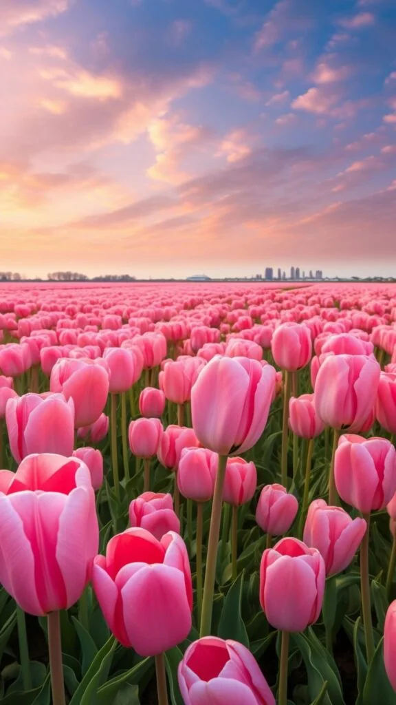 Cánh đồng tulip hồng hoàng hôn