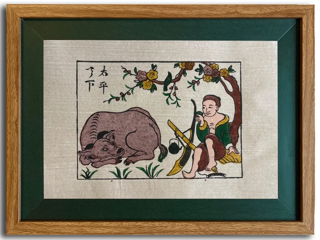 Tranh dân gian Đông Hồ vẽ cảnh cậu bé ngồi nghỉ bên con trâu dưới gốc cây