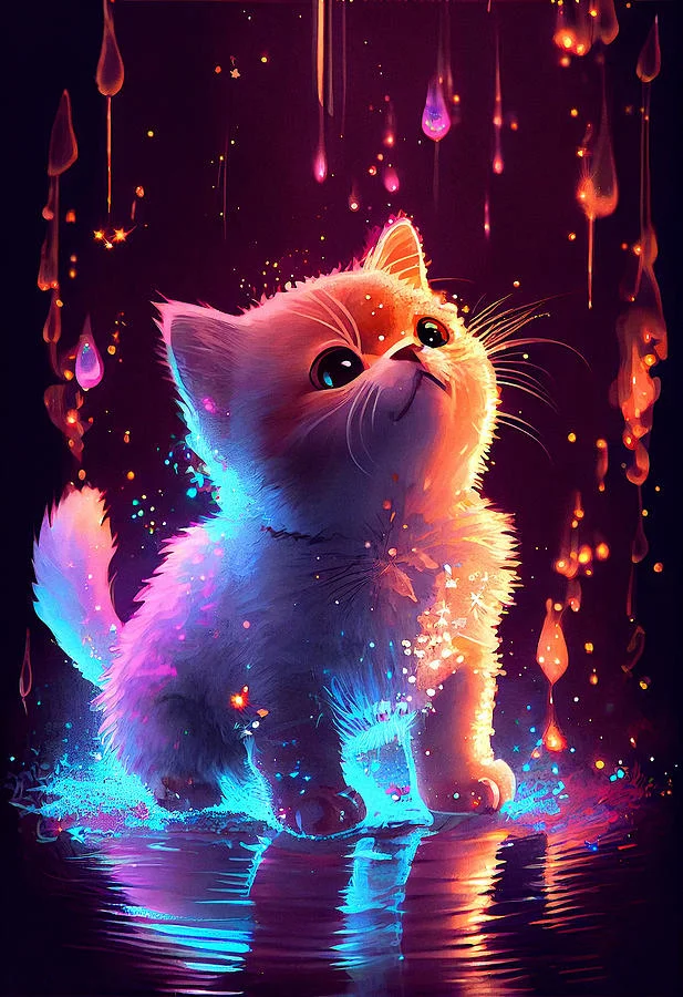 Mèo con neon hồng tím phát sáng bên ánh đèn, ý tưởng chụp hình thẻ phong cách đêm phát sáng độc lạ
