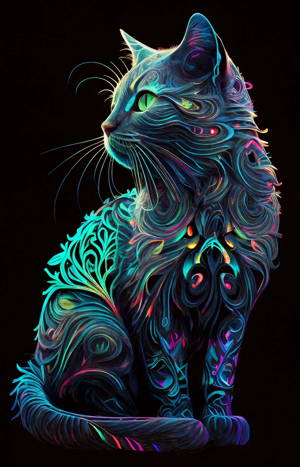 Mèo đen hoa văn neon nhiều màu trên nền tối, ý tưởng chụp hình thẻ độc đáo