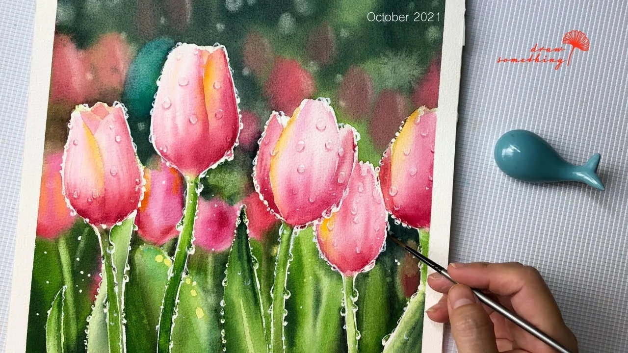 Hướng dẫn chi tiết từng bước vẽ hoa tulip bằng màu nước với những giọt nước chân thực trên cánh hoa