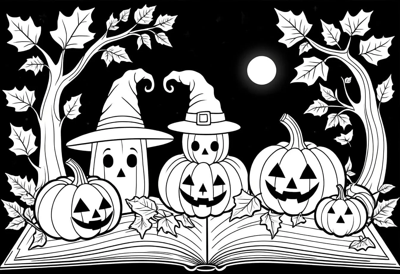 Hình ảnh miễn phí: Sách tô màu Halloween, tranh tô màu với những quả bí ngô đội mũ phù thủy