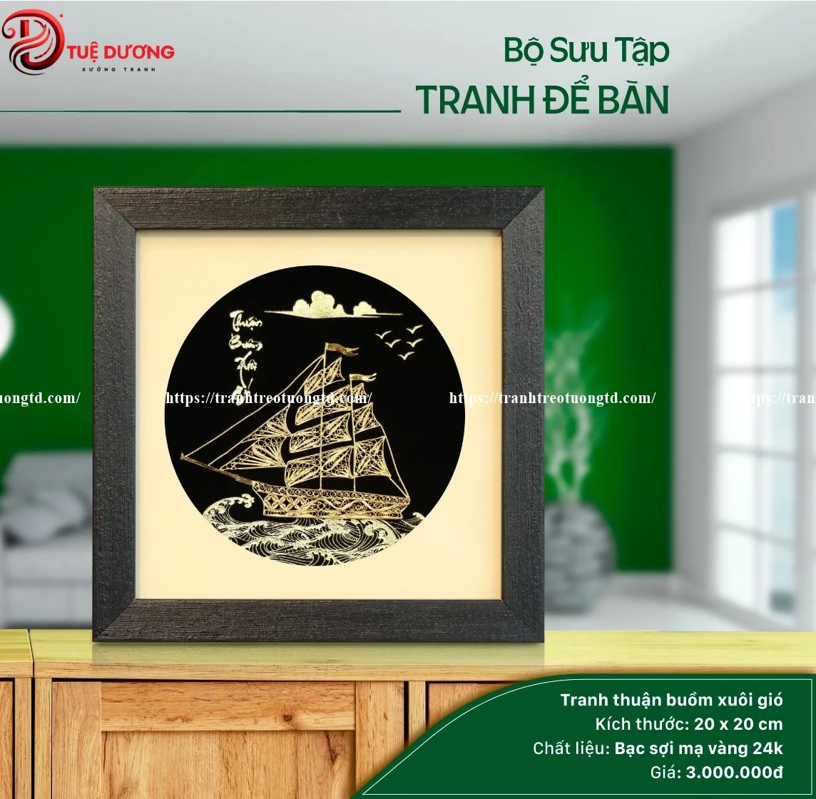 Tranh thuyền buồm mạ vàng đẹp mắt khung gỗ trang trí nội thất