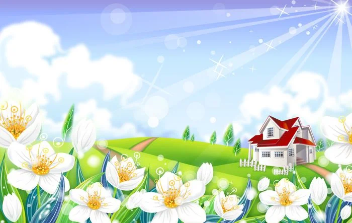 Hình nền mầm non phong cảnh ngôi nhà và hoa