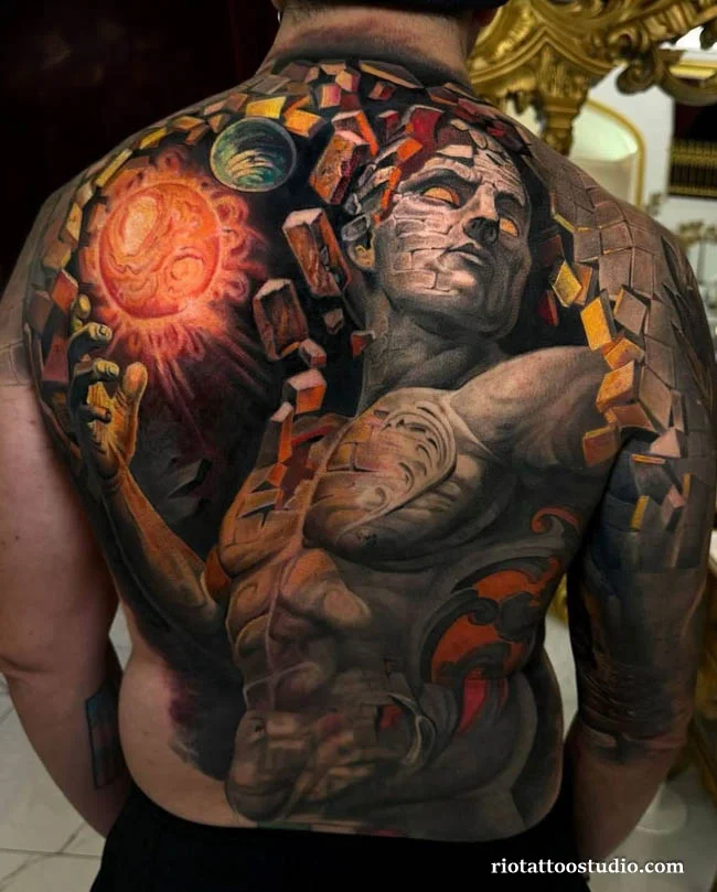 Mẫu Hình xăm full lưng đẹp cho nam thần thoại Prometheus đánh bóng tả thực thực hiện bởi artist Rio Tattoo