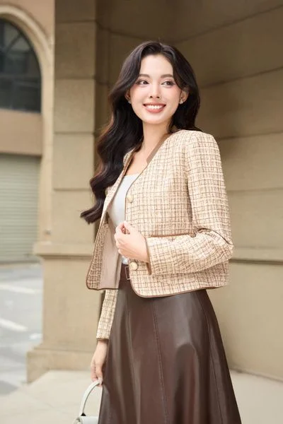 Áo Khoác Dạ Tweed Cao Cấp Viền Nổi Cổ Tàu Dáng Ngắn Sang Trọng