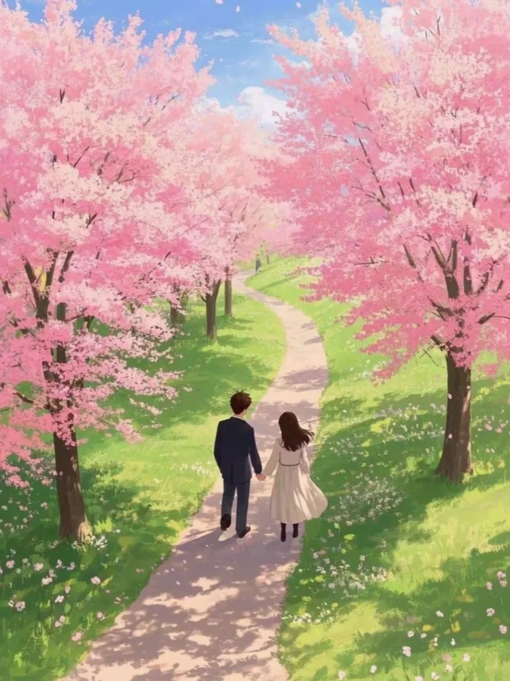 Hình nền điện thoại anime với hoa anh đào và nhân vật dễ thương