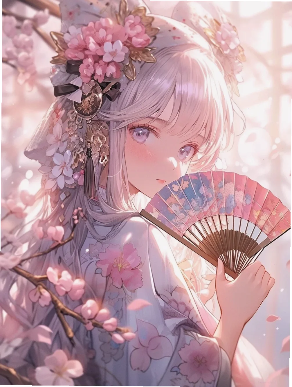 Nhân vật anime ngồi dưới gốc cây hoa anh đào suy tư