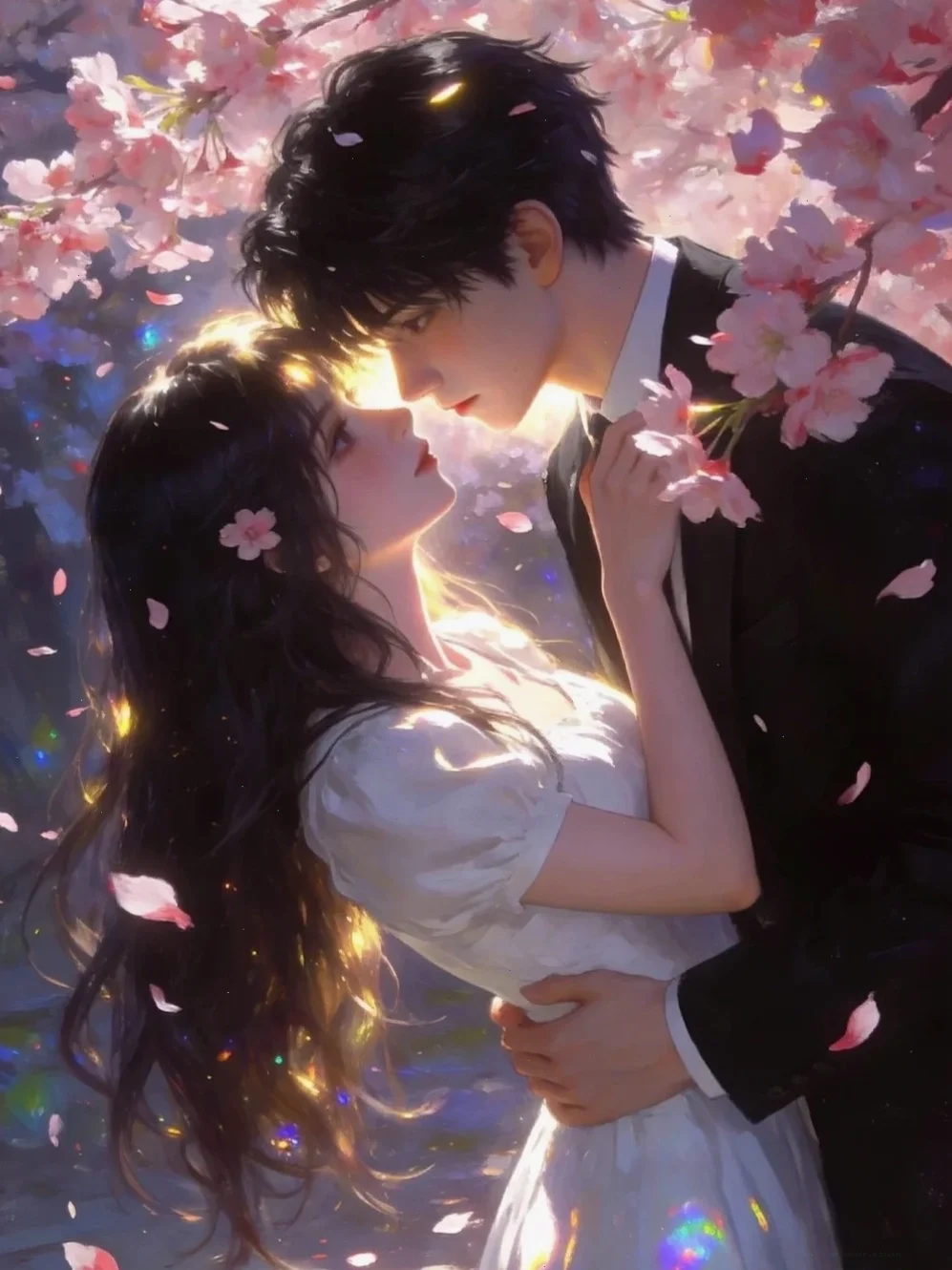Hình nền máy tính hoa anh đào anime với nhân vật đang ngắm hoa