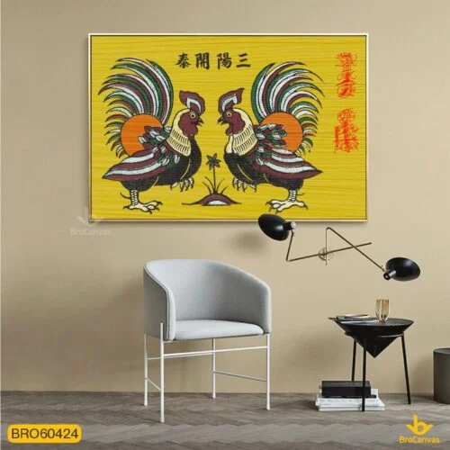 Tranh Đông Hồ đôi gà trống trang trí phòng khách sang trọng