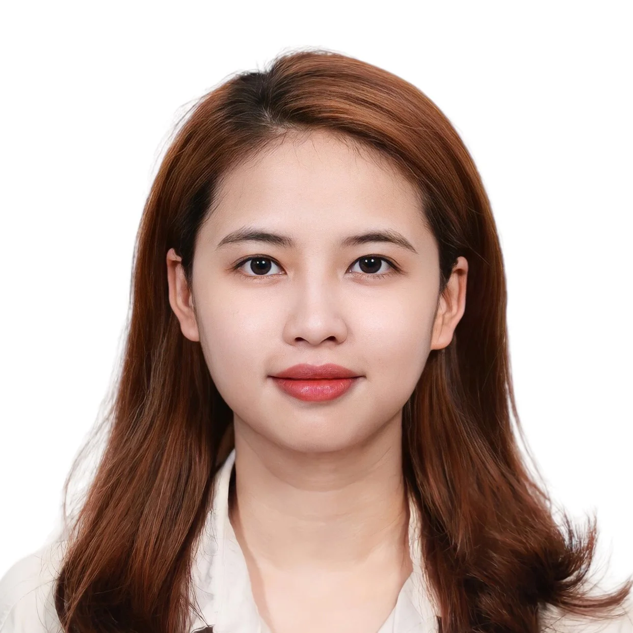 Cô gái chụp ảnh thẻ chuyên nghiệp với phông nền trắng sạch sẽ