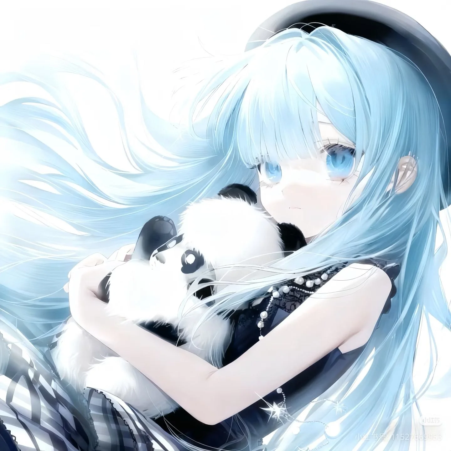 avt anime nữ tóc xanh ôm gấu trúc dễ thương