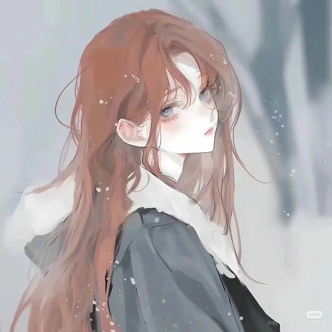 avt anime nữ với mái tóc nâu dài trong không gian mùa đông mờ ảo