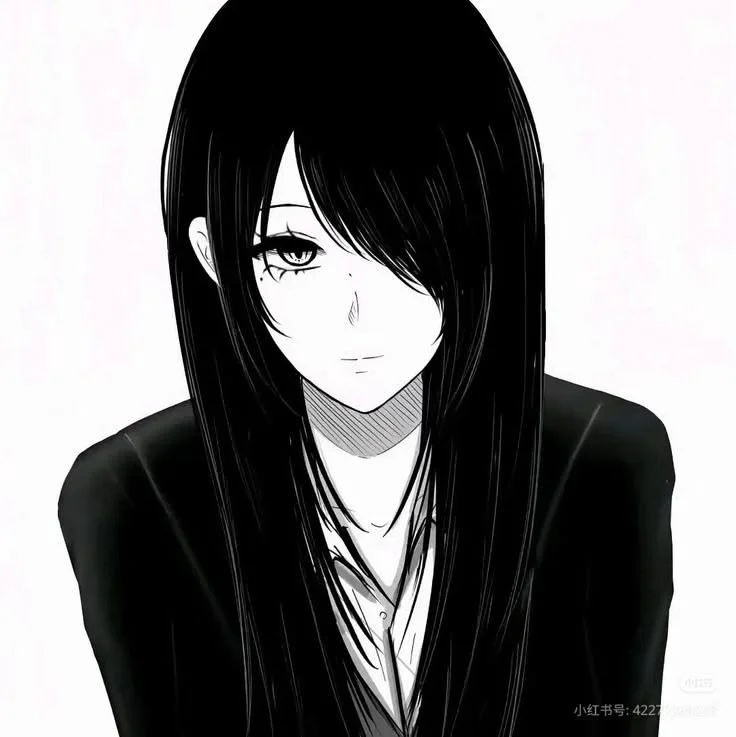 avt anime nữ tóc đen dài phong cách manga đen trắng
