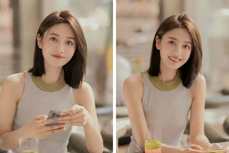 Cô gái trẻ xinh đẹp với kiểu tóc ngang vai thanh lịch.
