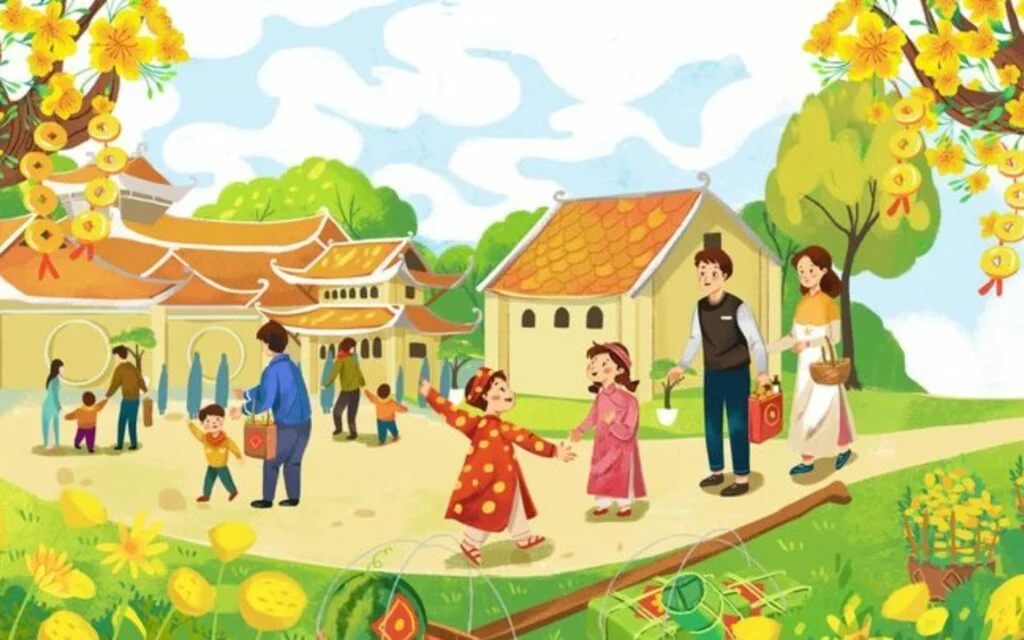 Trẻ em vui đùa tung tăng đón Tết giữa nắng vàng