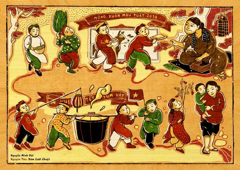 Tranh Tết nấu bánh trưng