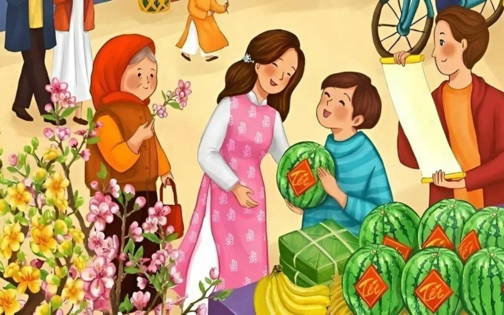 Trẻ em tung tăng chơi đùa bên gánh hàng ngày Tết
