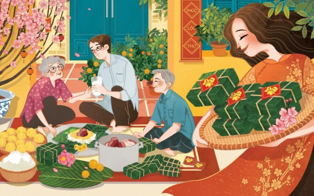Cả nhà cùng nhau gói bánh chưng trong không khí Tết