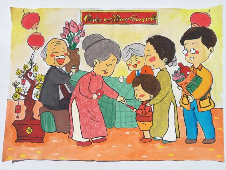 Bức vẽ tranh ngày tết với hình ảnh gia đình sum vầy và nhận lì xì đầu năm