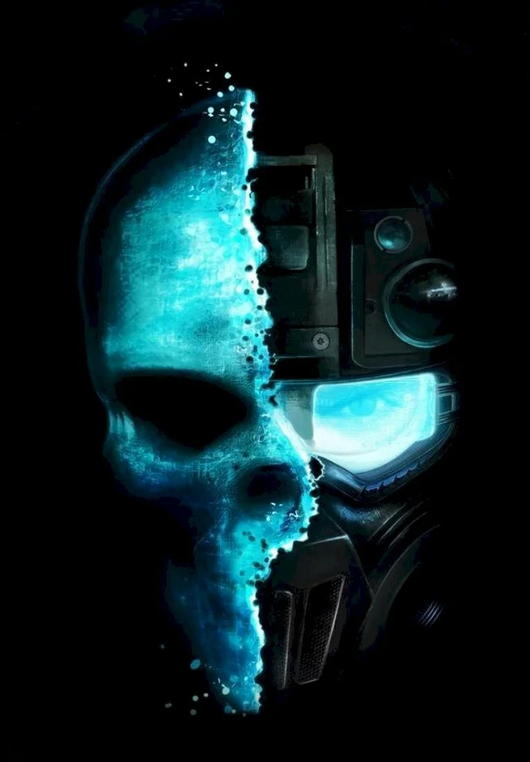 Hình nền đẹp ngầu hình đầu lâu cyborg phát sáng xanh huyền bí