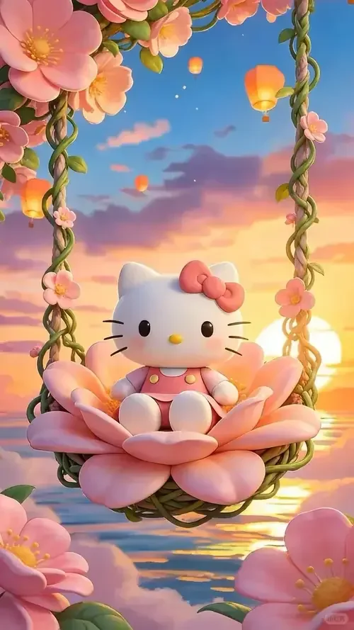 Hello Kitty ngồi trên bông sen hồng, dây hoa rủ xuống trước bầu trời hoàng hôn.