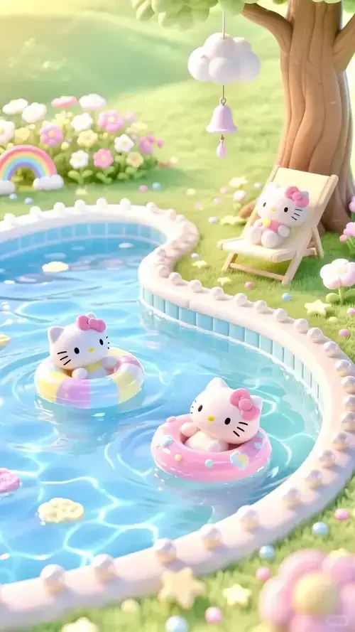 Hồ bơi xanh uốn cong qua vườn hoa, hai phao Sanrio trôi gần gốc cây lớn.
