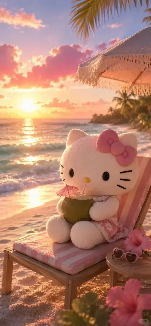 Hello Kitty ngồi trên ghế gỗ bên bãi biển, phía sau là hoàng hôn và hàng cọ.