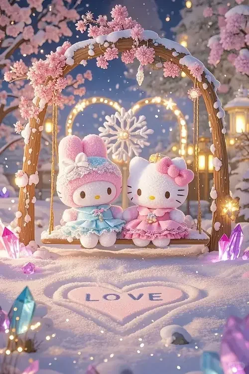 Hai nhân vật Sanrio ngồi dưới vòm đèn trái tim, xung quanh phủ hoa hồng và tuyết.