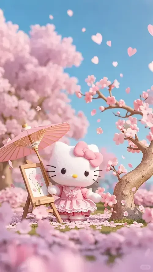 Hello Kitty ngồi trên xích đu giữa hoa anh đào, bên dưới là lớp cỏ hồng dày.