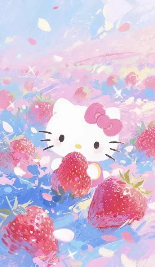 Cánh hoa phủ quanh Hello Kitty đang nằm giữa dâu tây đỏ và nền xanh hồng.