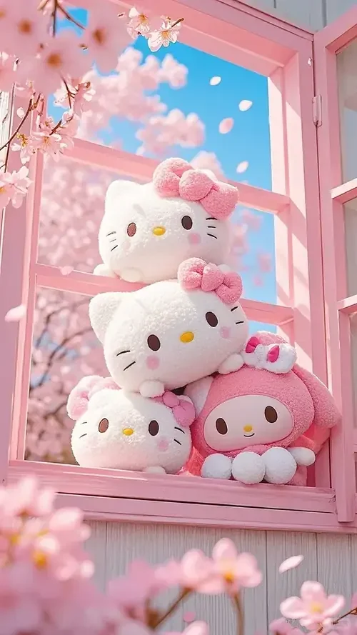 Khung cửa hồng mở ra trời xanh, Hello Kitty và My Melody ngồi cùng hoa anh đào.
