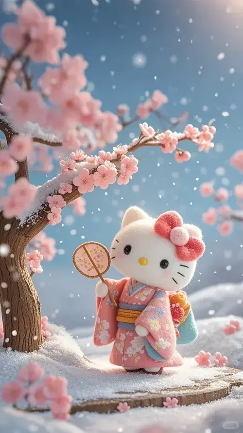 Tuyết rơi quanh Hello Kitty mặc kimono hồng, sau lưng là cành đào và nền trời tối.