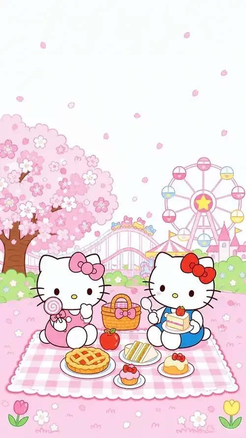 Hai Hello Kitty uống trà trên khăn caro, cạnh cây hoa hồng và vòng quay nhỏ.