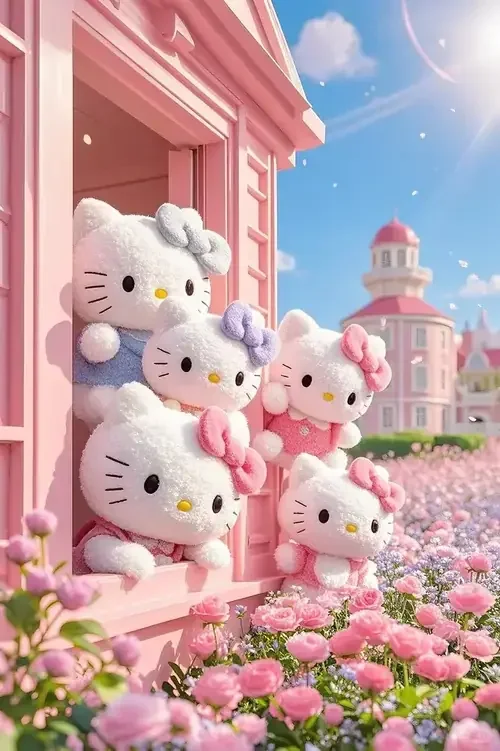 Những thú bông Hello Kitty xếp bên cửa sổ hồng, ngoài hiên có vườn hoa rực màu.